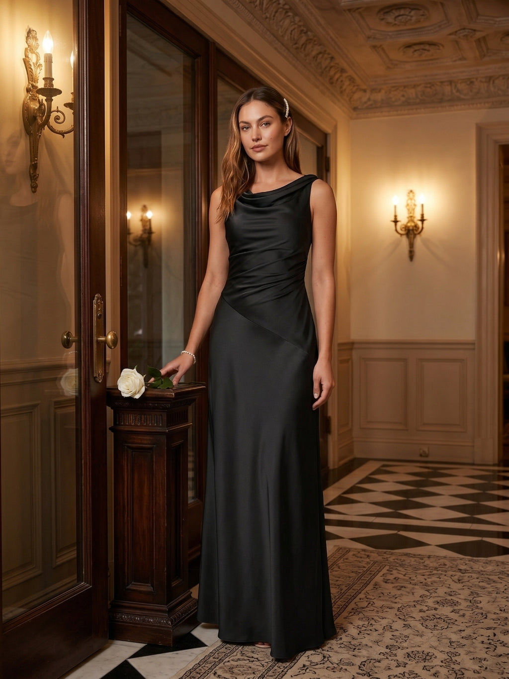 Simple Black Satin A-Line Cowl Neck Back Zip Ankle-Length Bridesmaid Dress