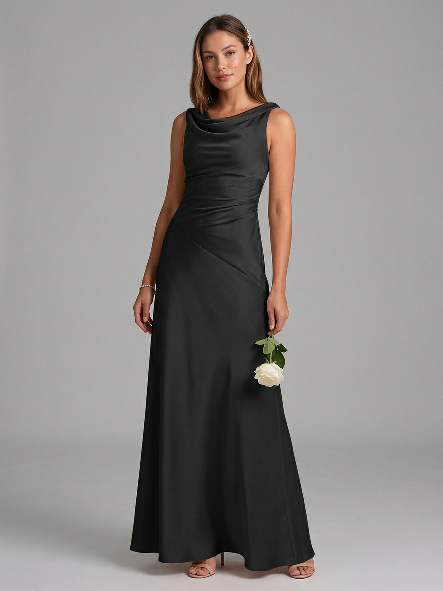 Simple Black Satin A-Line Cowl Neck Back Zip Ankle-Length Bridesmaid Dress