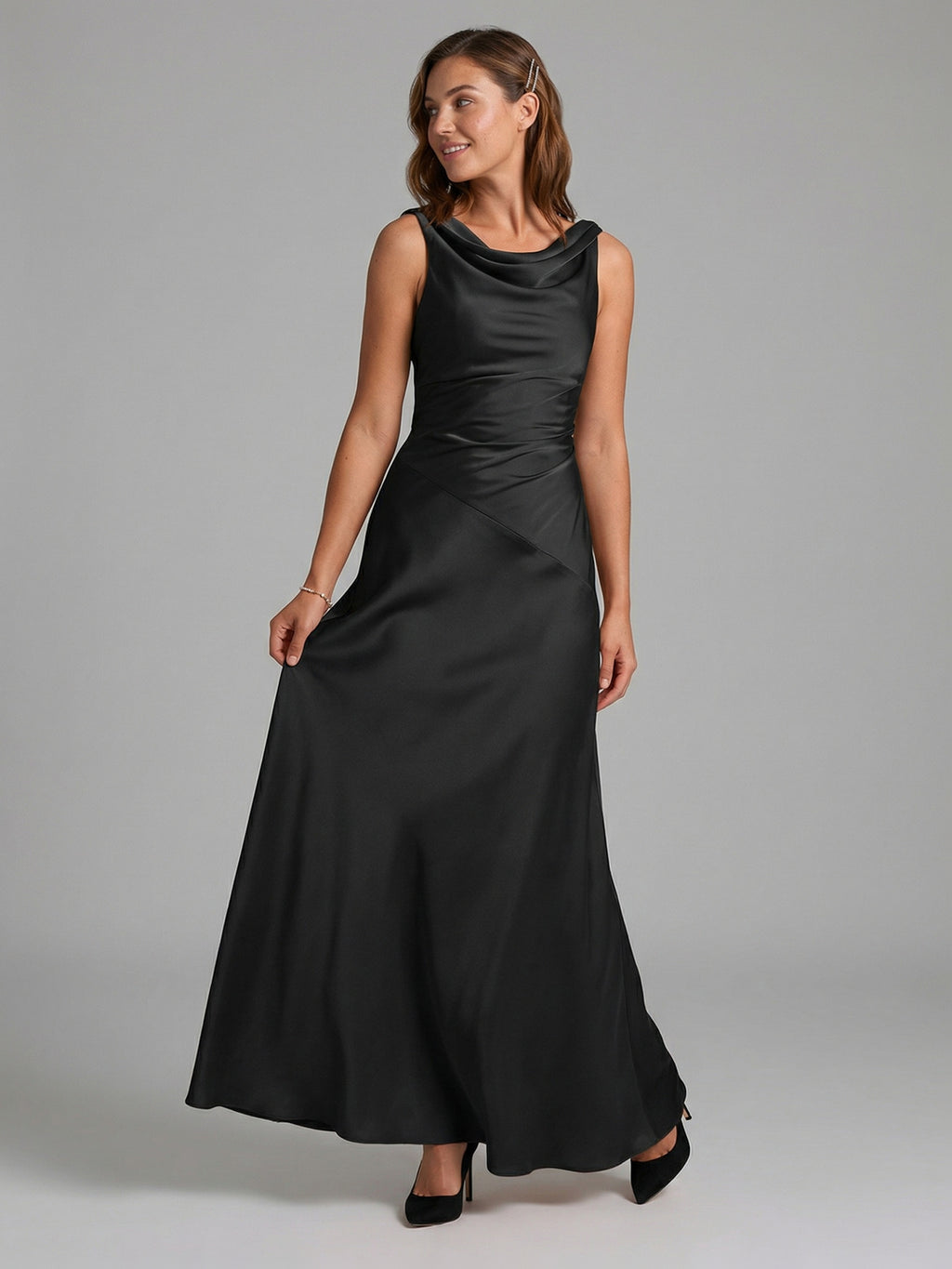 Simple Black Satin A-Line Cowl Neck Back Zip Ankle-Length Bridesmaid Dress