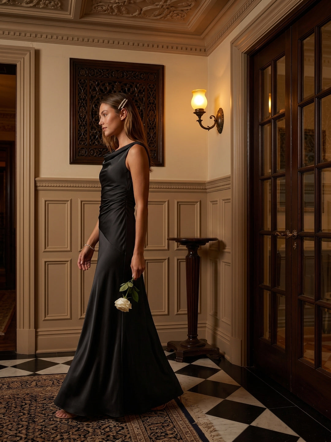 Simple Black Satin A-Line Cowl Neck Back Zip Ankle-Length Bridesmaid Dress