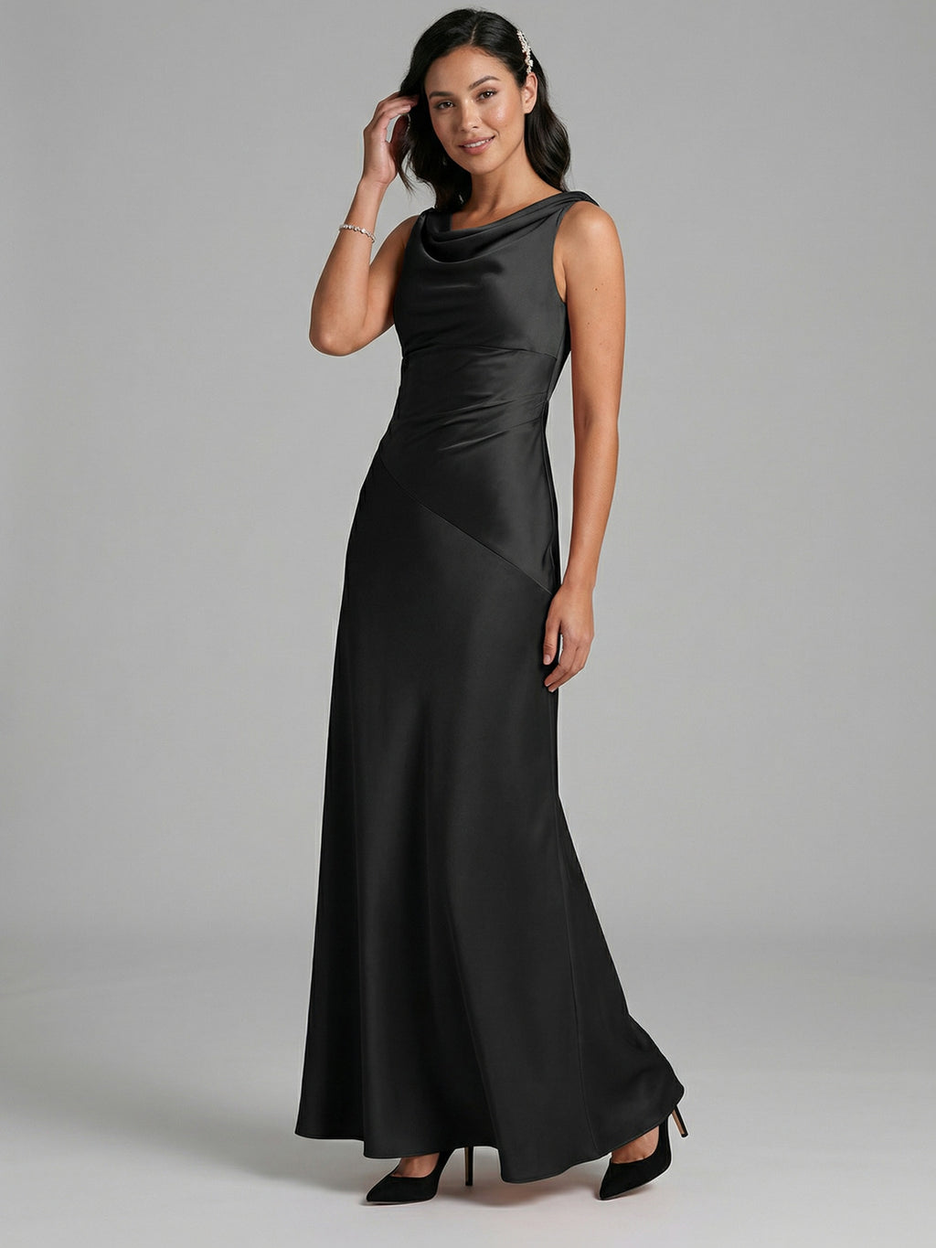 Simple Black Satin A-Line Cowl Neck Back Zip Ankle-Length Bridesmaid Dress