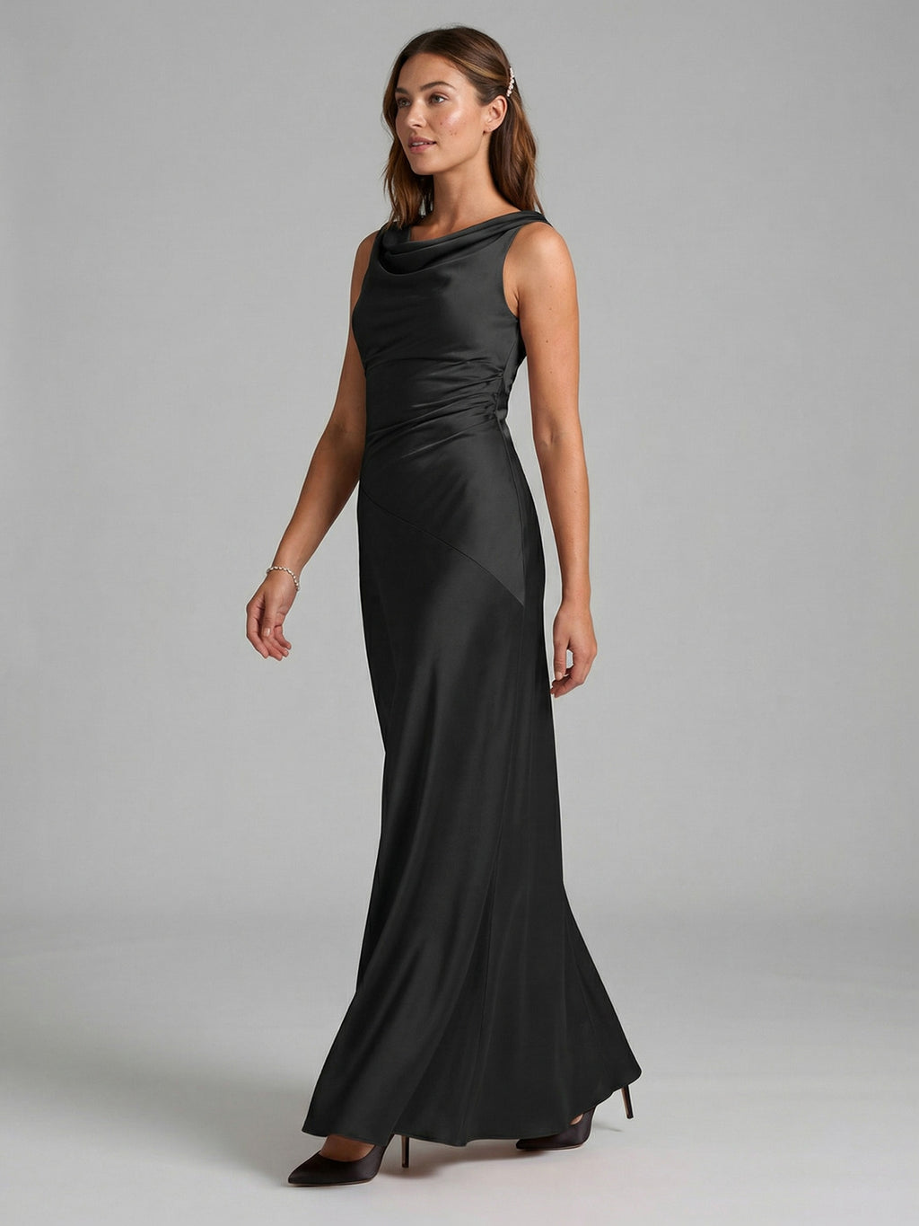 Simple Black Satin A-Line Cowl Neck Back Zip Ankle-Length Bridesmaid Dress