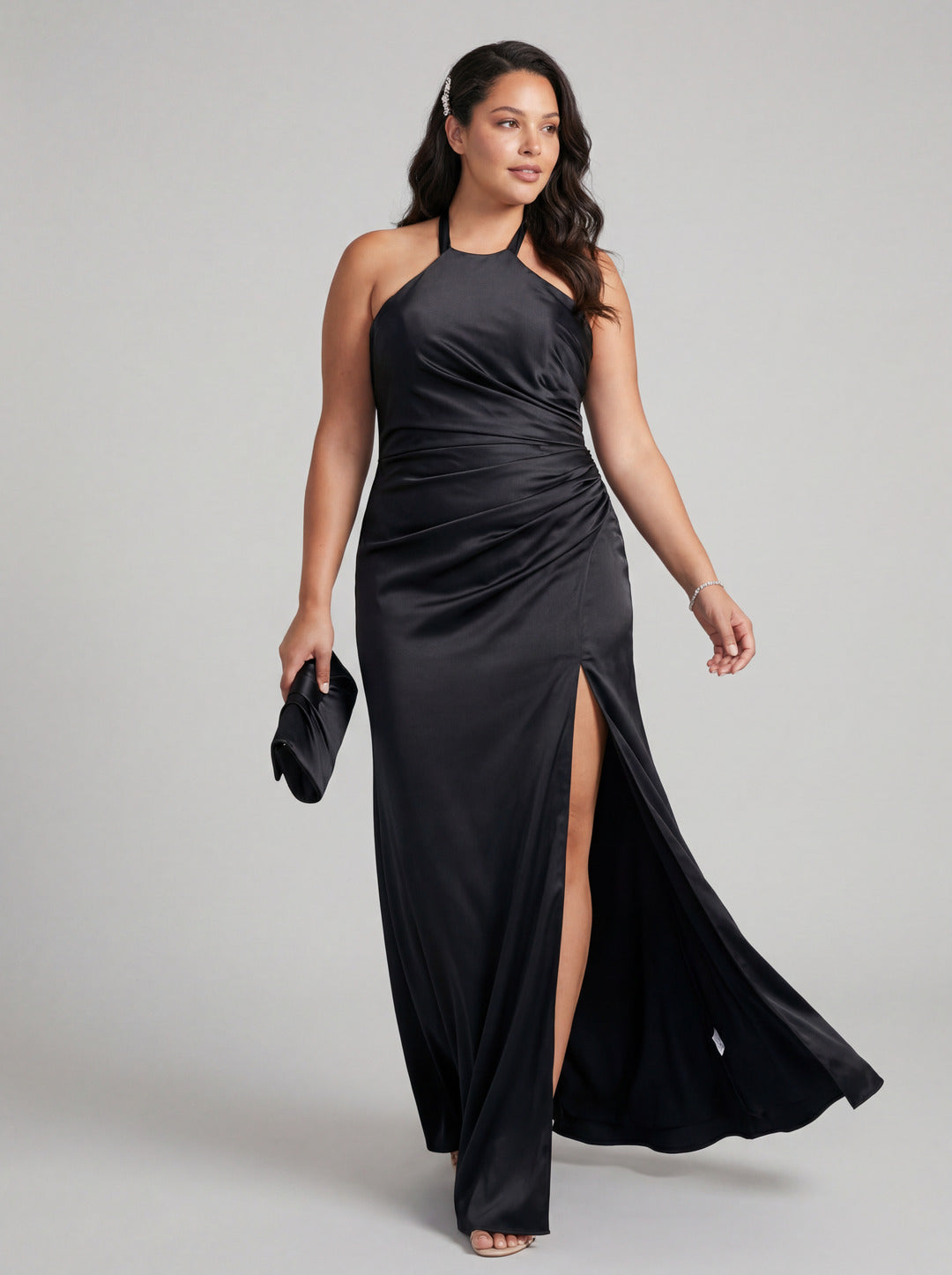 Simple Black Satin Sheath Halter neckline Back Zip Ankle-Length Bridesmaid Dress