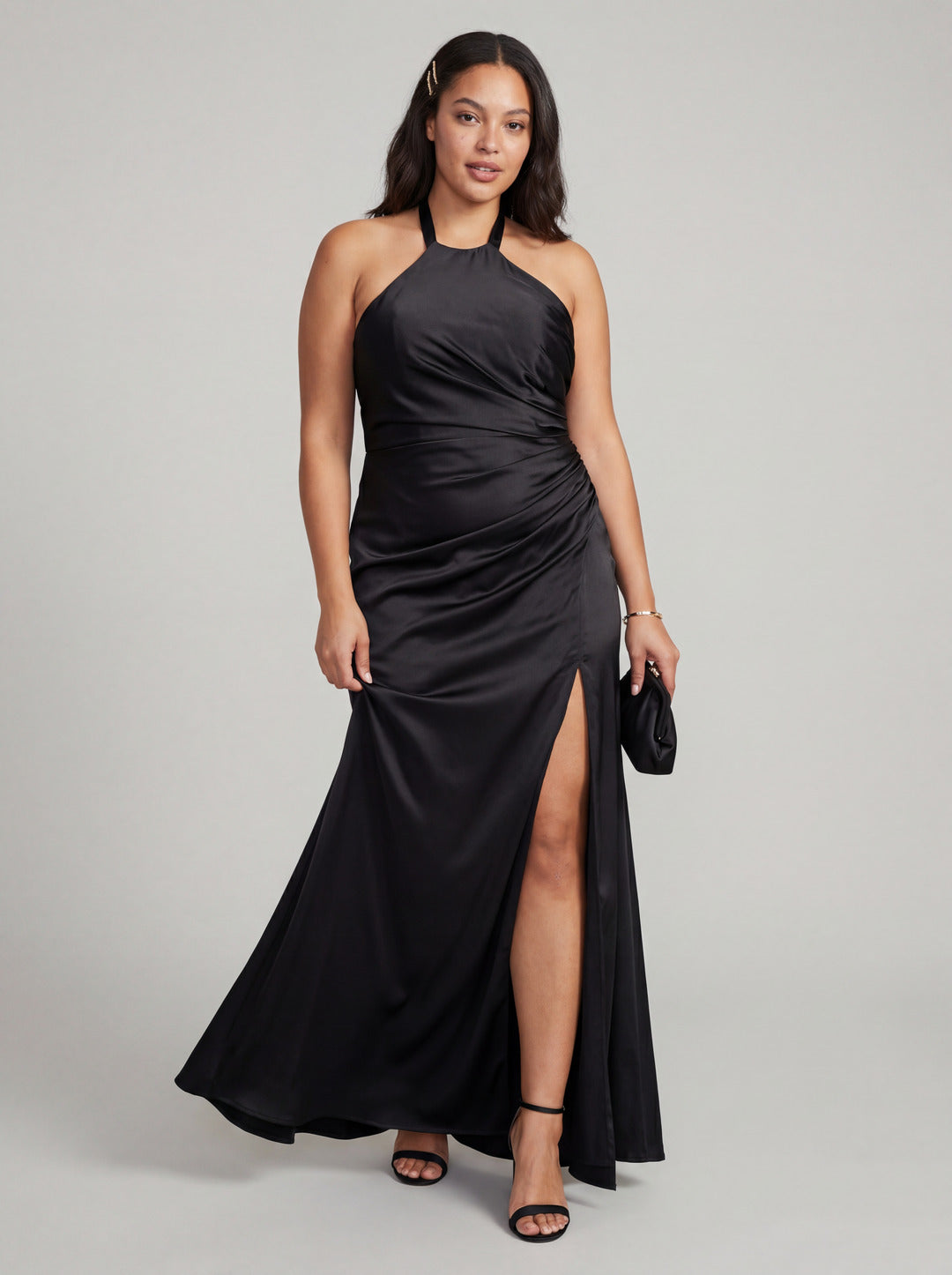 Simple Black Satin Sheath Halter neckline Back Zip Ankle-Length Bridesmaid Dress