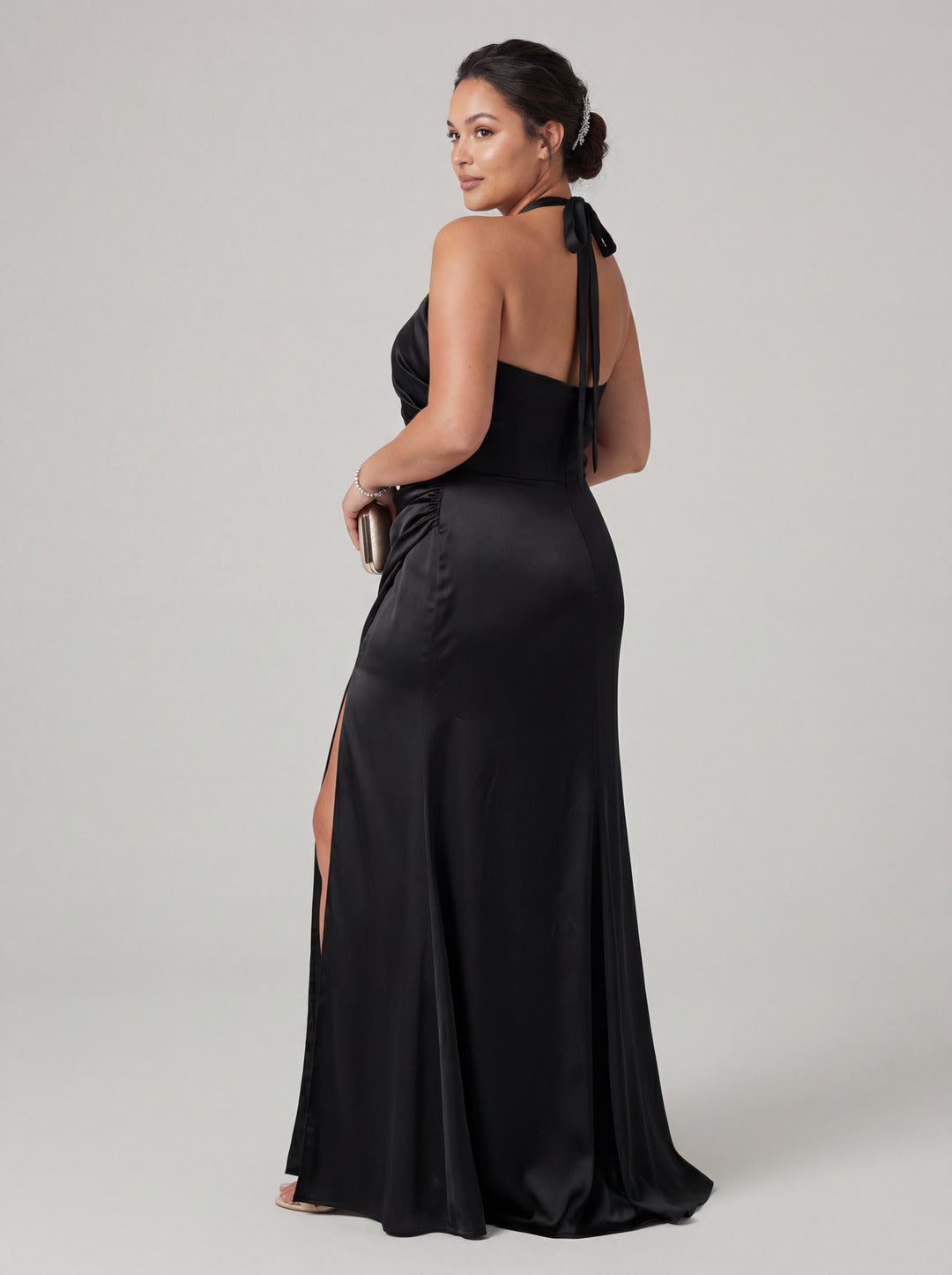 Simple Black Satin Sheath Halter neckline Back Zip Ankle-Length Bridesmaid Dress