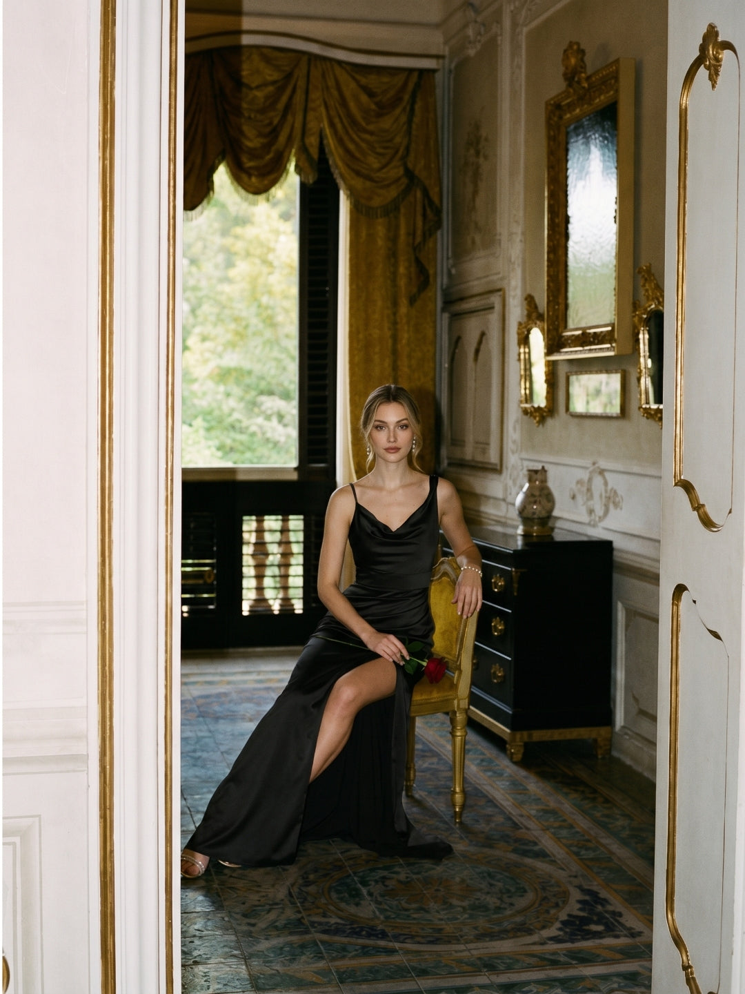 Simple Black Satin Sheath Cowl Neck Backless Ankle-Length Bridesmaid Dress
