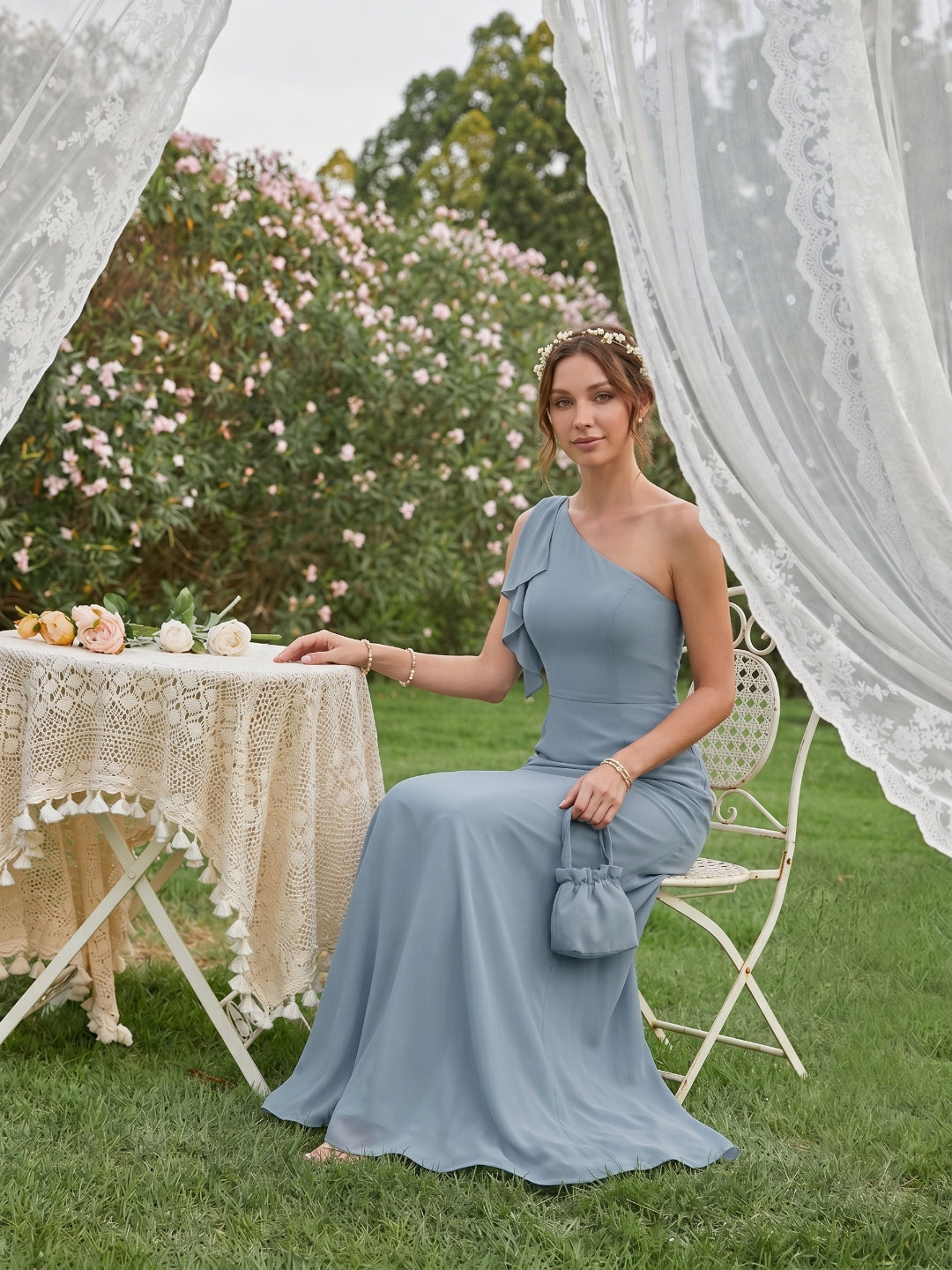 Elegant Dusty Blue Chiffon column One Shoulder Back Zip Ankle-Length Bridesmaid Dress