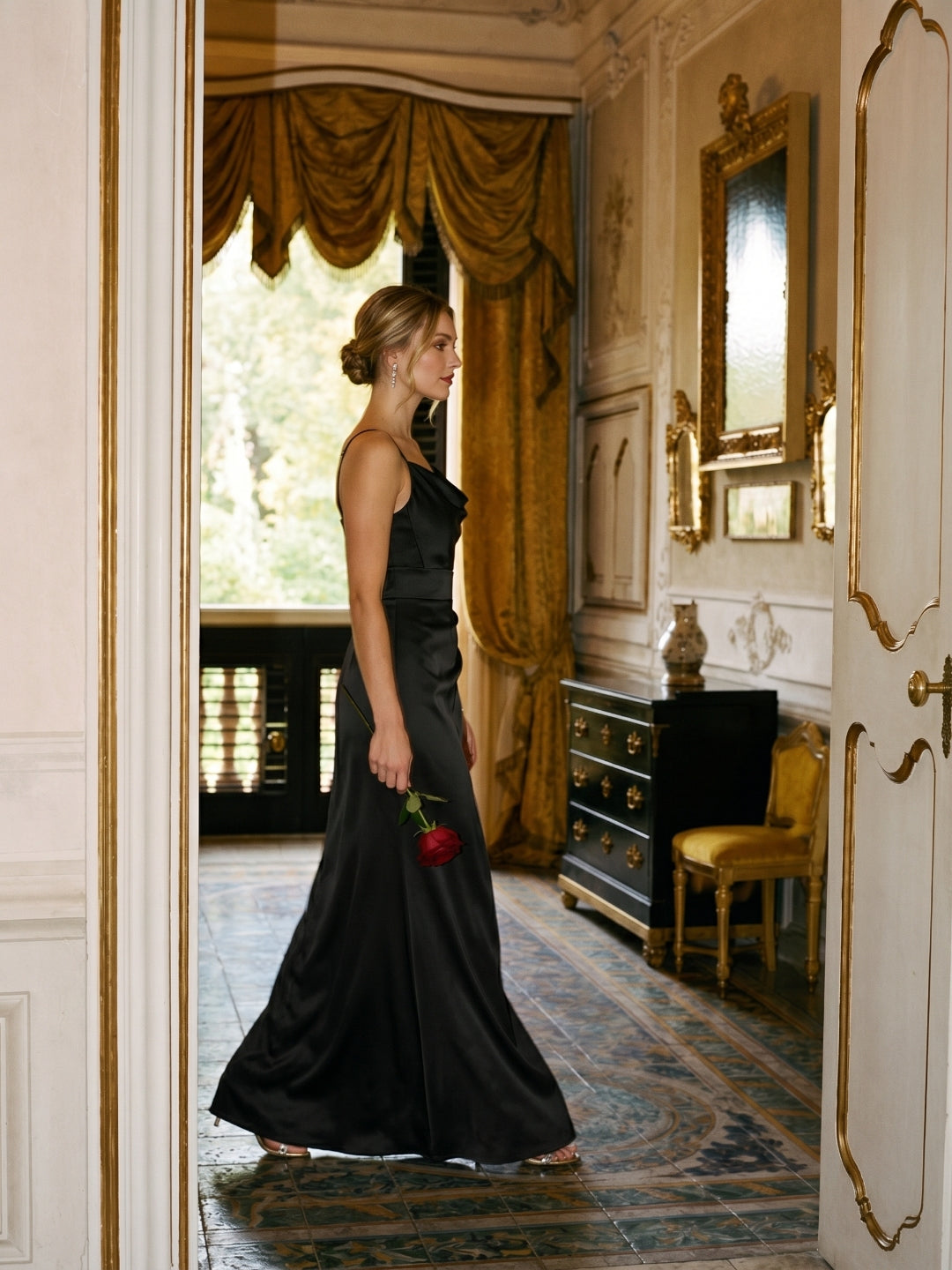 Simple Black Satin Sheath Cowl Neck Backless Ankle-Length Bridesmaid Dress