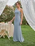 Elegant Dusty Blue Chiffon column One Shoulder Back Zip Ankle-Length Bridesmaid Dress