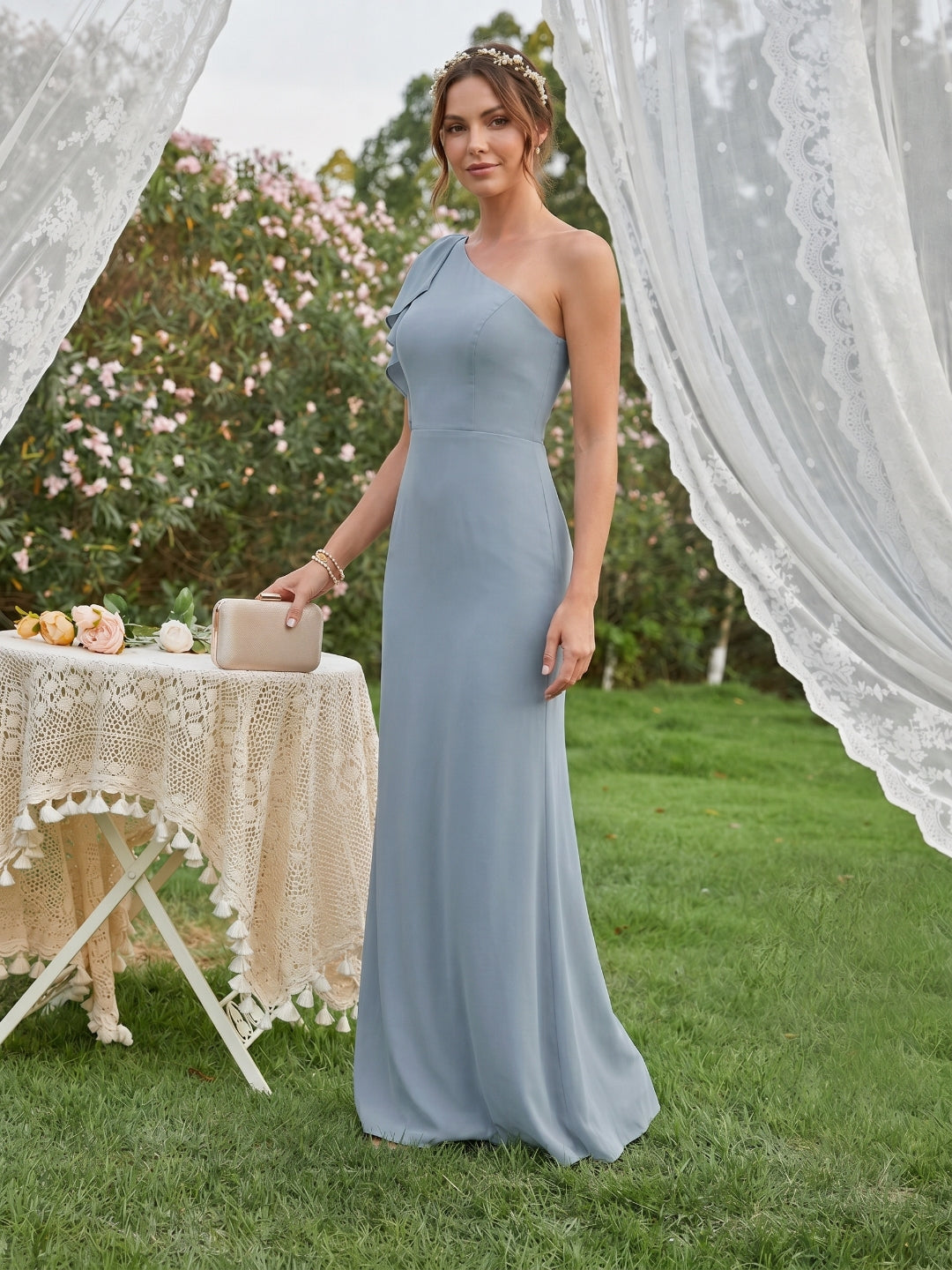 Elegant Dusty Blue Chiffon column One Shoulder Back Zip Ankle-Length Bridesmaid Dress