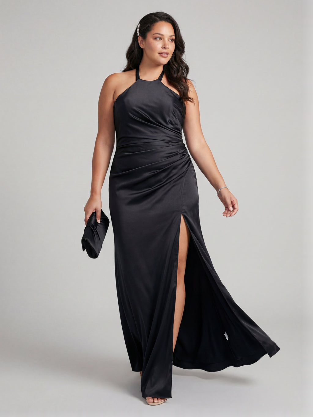 Simple Black Satin Sheath Halter neckline Back Zip Ankle-Length Bridesmaid Dress