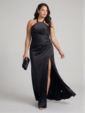 Simple Black Satin Sheath Halter neckline Back Zip Ankle-Length Bridesmaid Dress