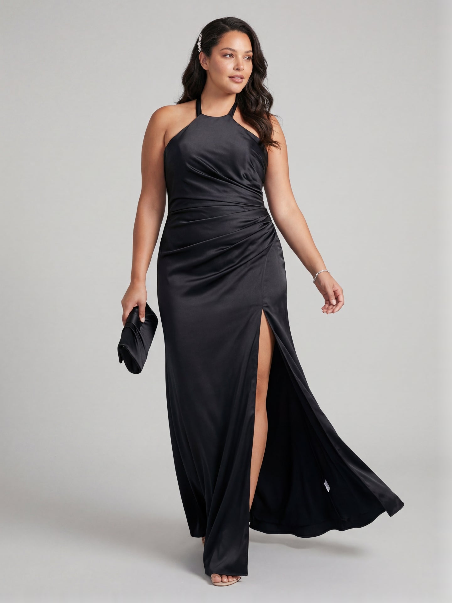 Simple Black Satin Sheath Halter neckline Back Zip Ankle-Length Bridesmaid Dress