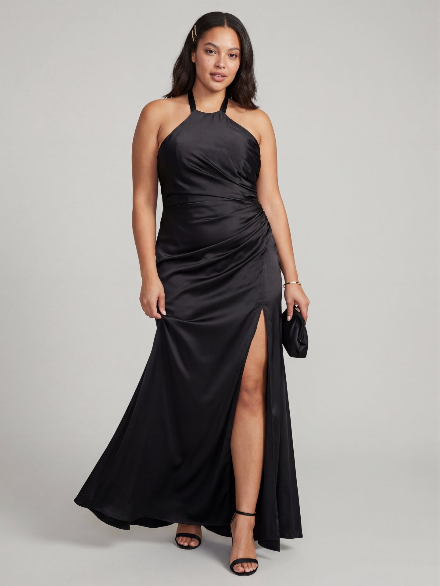 Simple Black Satin Sheath Halter neckline Back Zip Ankle-Length Bridesmaid Dress