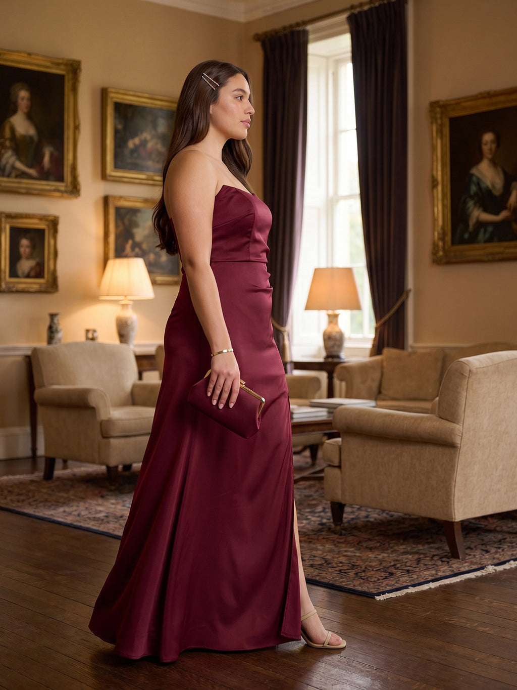 Simple Cabernet Satin Column Off-the-Shoulder Backless Ankle-Length Bridesmaid Dress