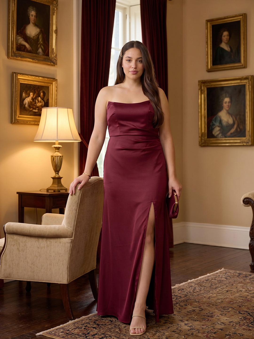 Simple Cabernet Satin Column Off-the-Shoulder Backless Ankle-Length Bridesmaid Dress
