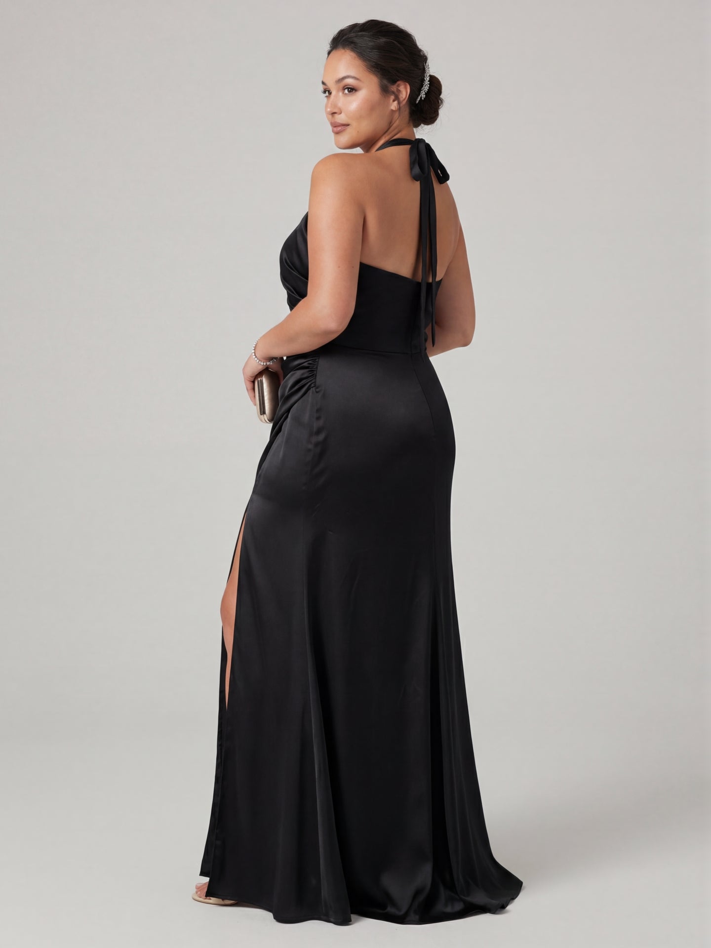 Simple Black Satin Sheath Halter neckline Back Zip Ankle-Length Bridesmaid Dress