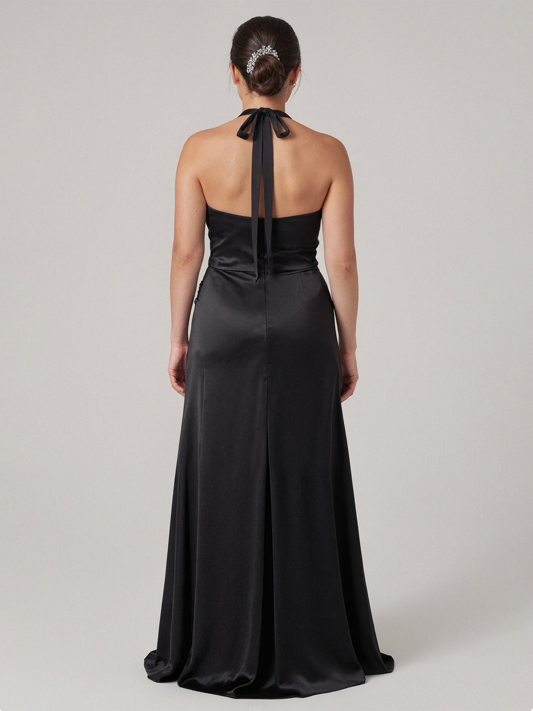 Simple Black Satin Sheath Halter neckline Back Zip Ankle-Length Bridesmaid Dress