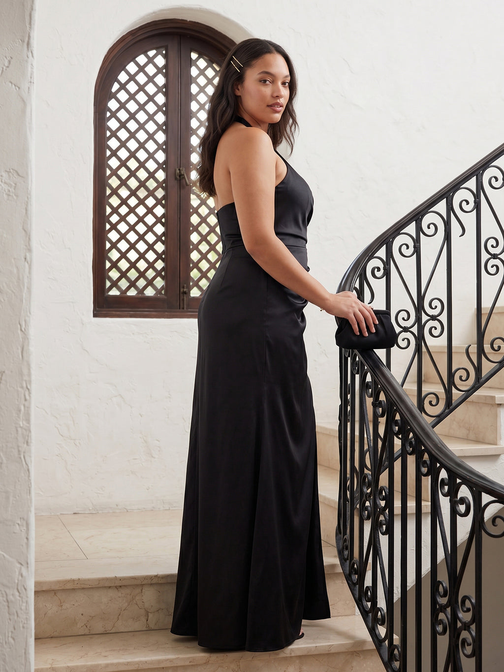 Simple Black Satin Sheath Halter neckline Back Zip Ankle-Length Bridesmaid Dress