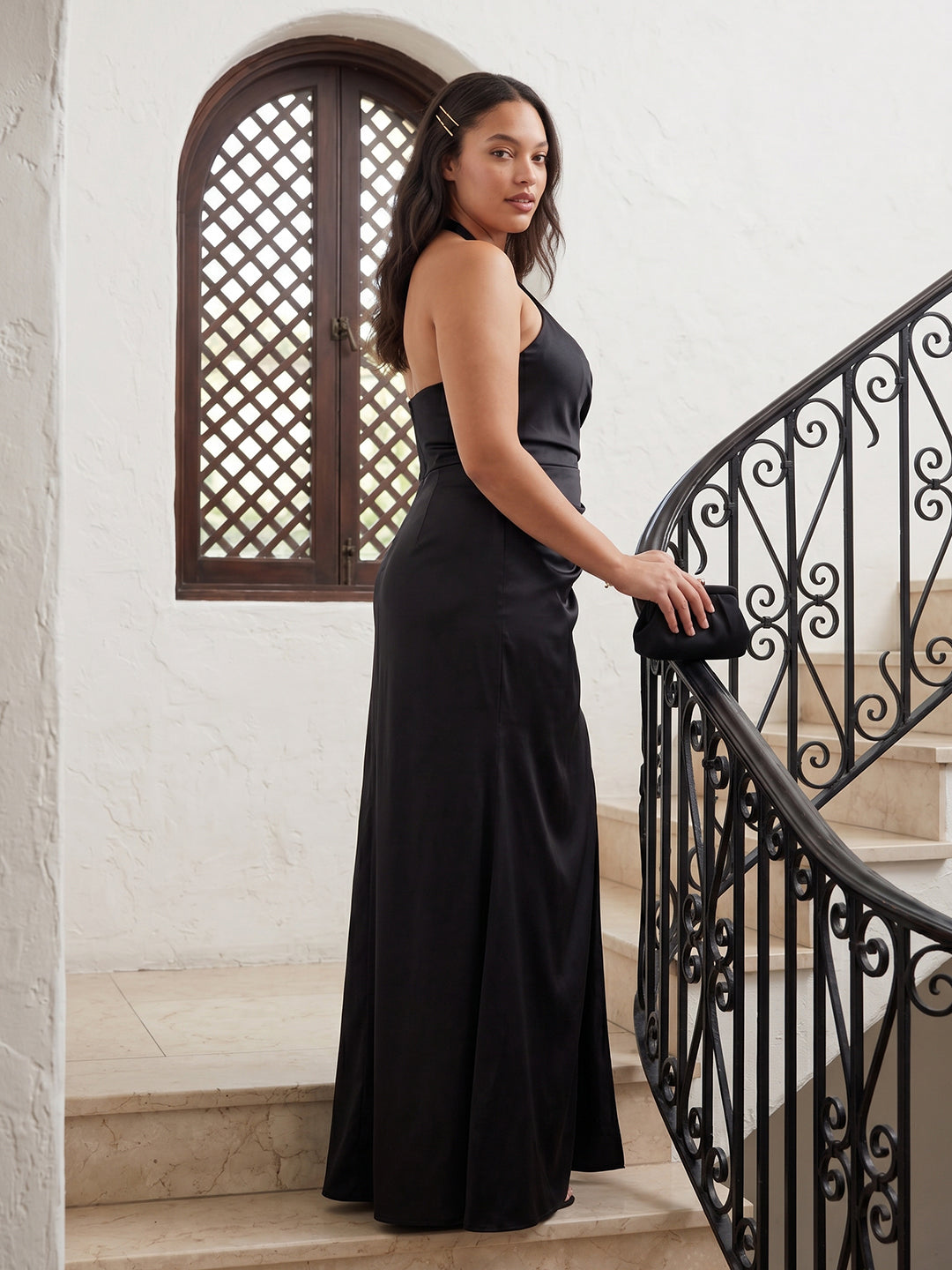 Simple Black Satin Sheath Halter neckline Back Zip Ankle-Length Bridesmaid Dress