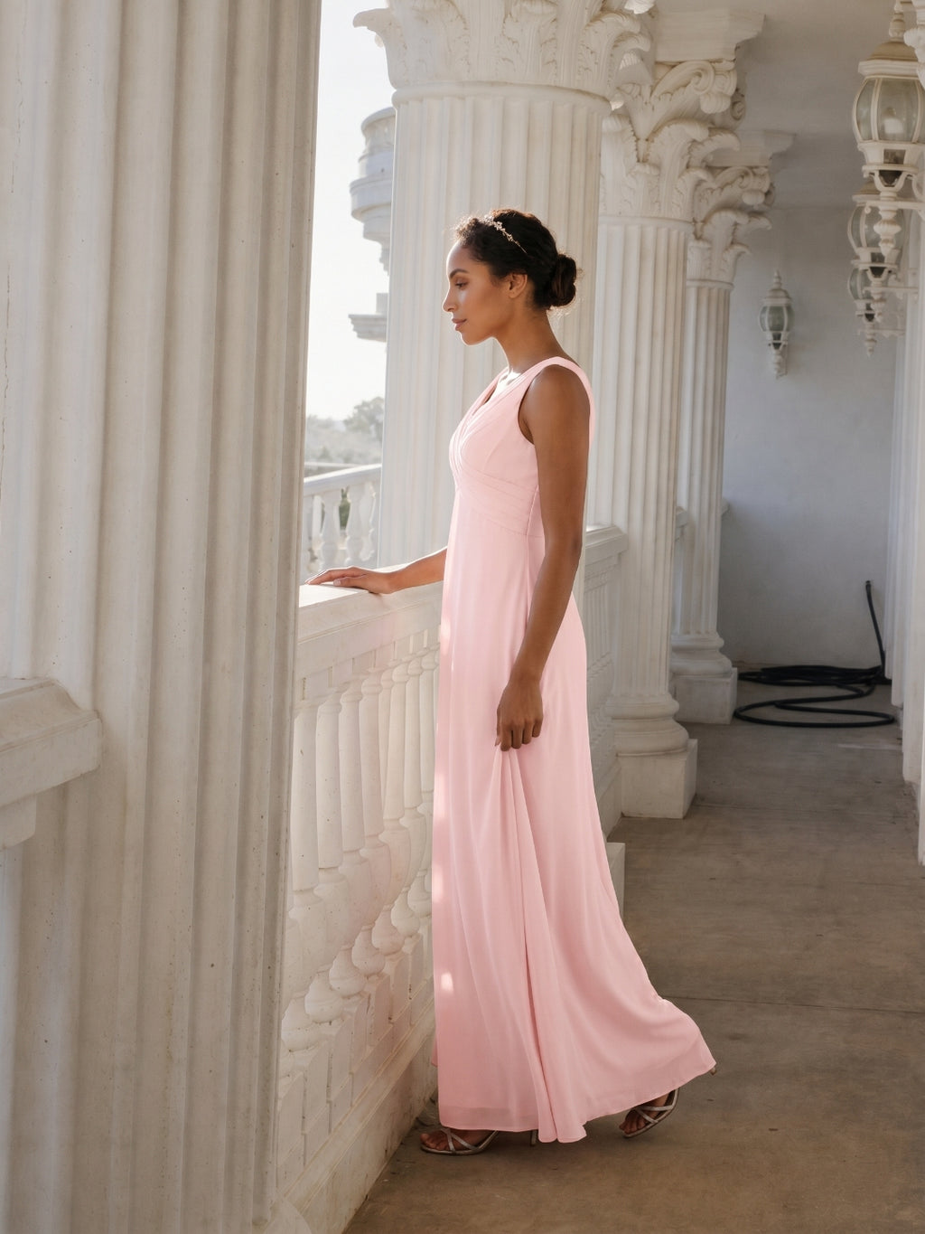 Simple Blushing Pink Chiffon A-Line V-Neck V-Back Ankle-Length Bridesmaid Dress