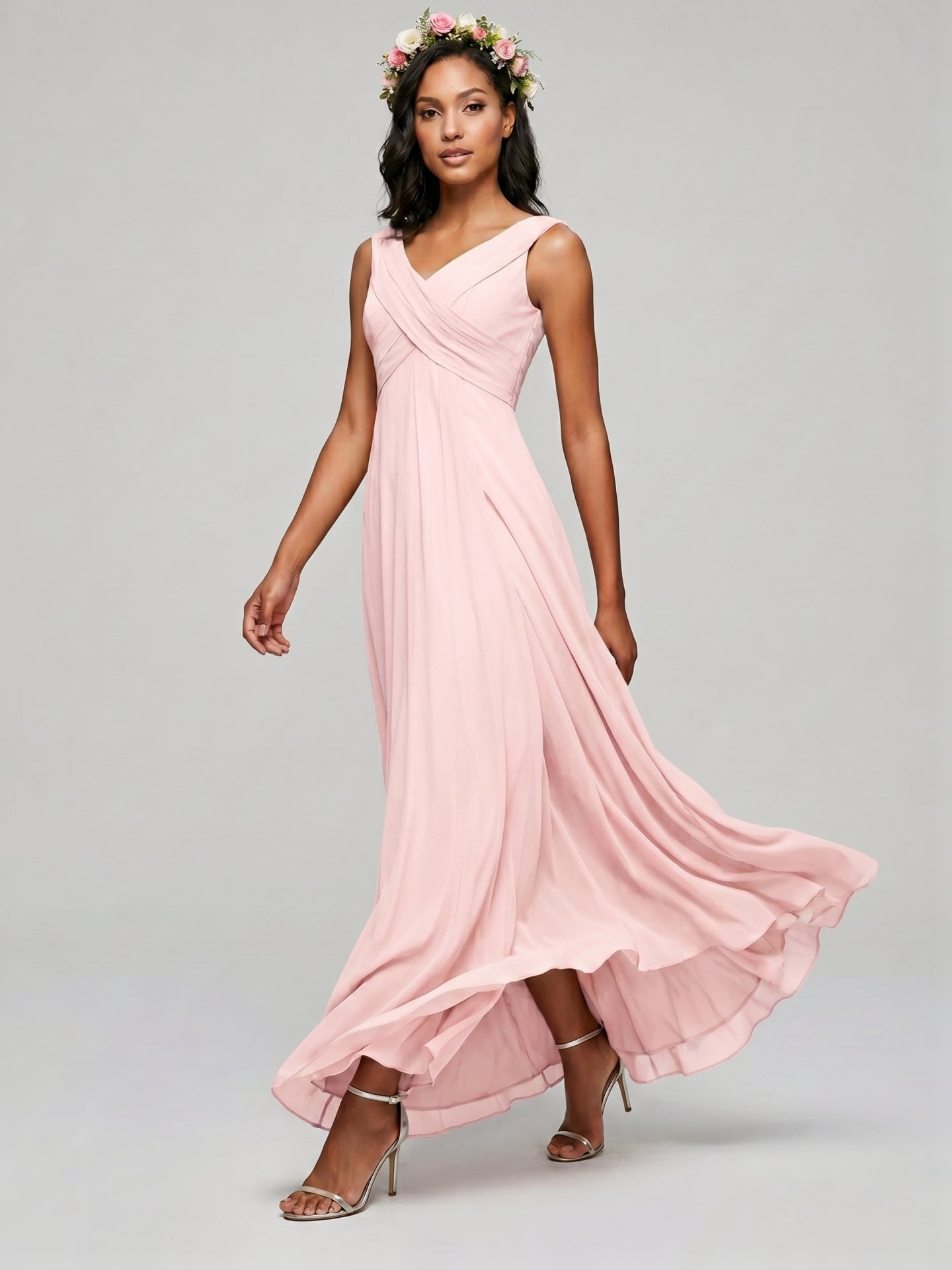 Simple Blushing Pink Chiffon A-Line V-Neck V-Back Ankle-Length Bridesmaid Dress
