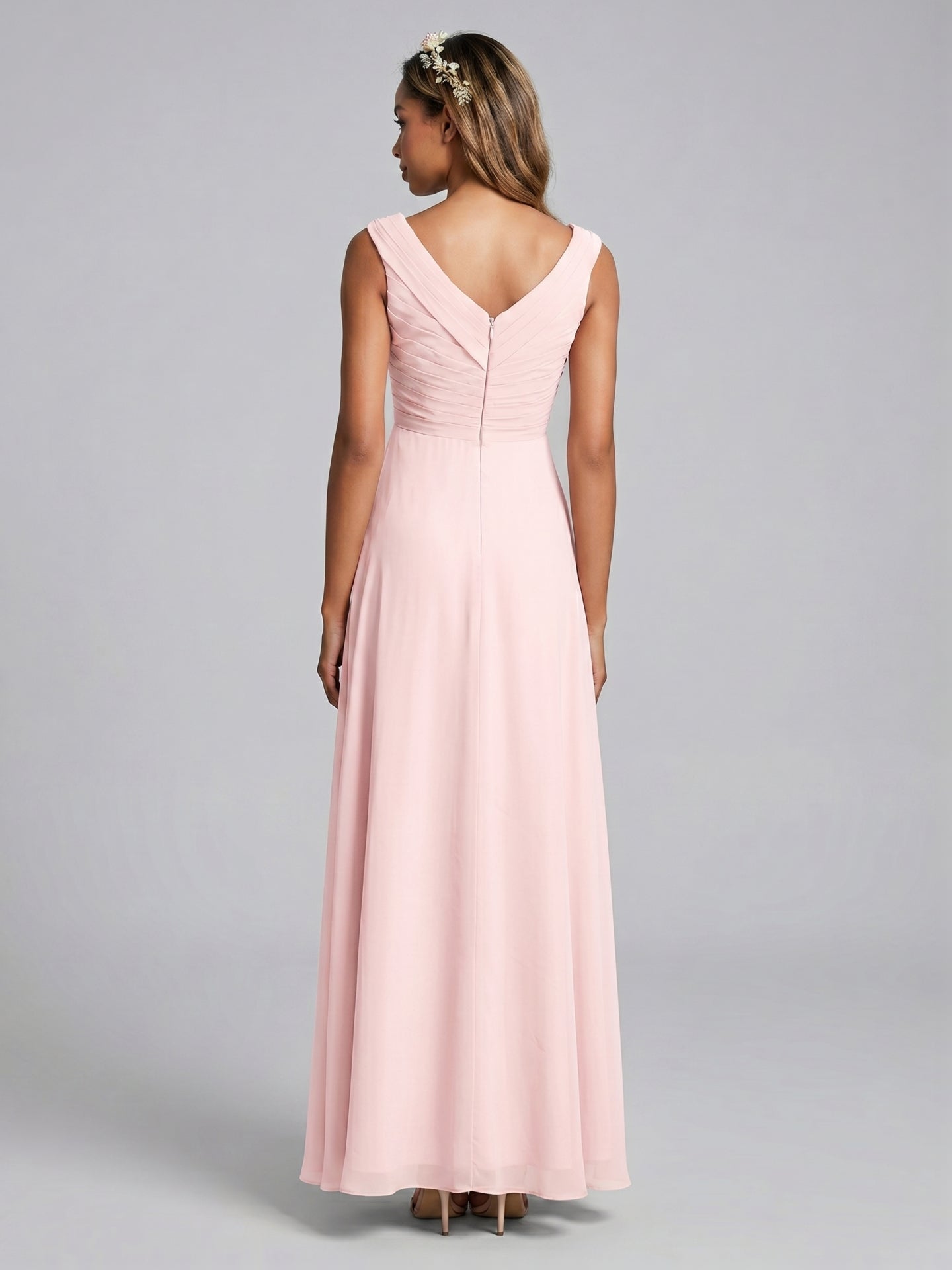 Simple Blushing Pink Chiffon A-Line V-Neck V-Back Ankle-Length Bridesmaid Dress