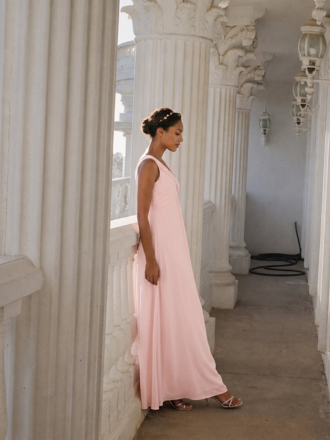 Simple Blushing Pink Chiffon A-Line V-Neck V-Back Ankle-Length Bridesmaid Dress