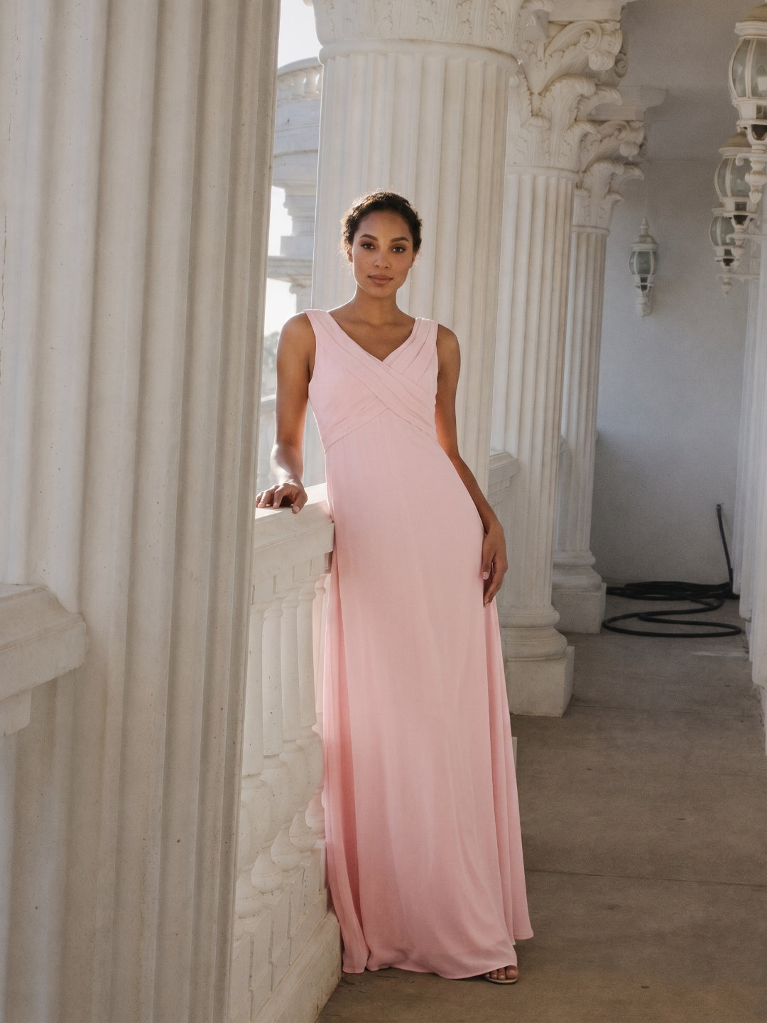 Simple Blushing Pink Chiffon A-Line V-Neck V-Back Ankle-Length Bridesmaid Dress