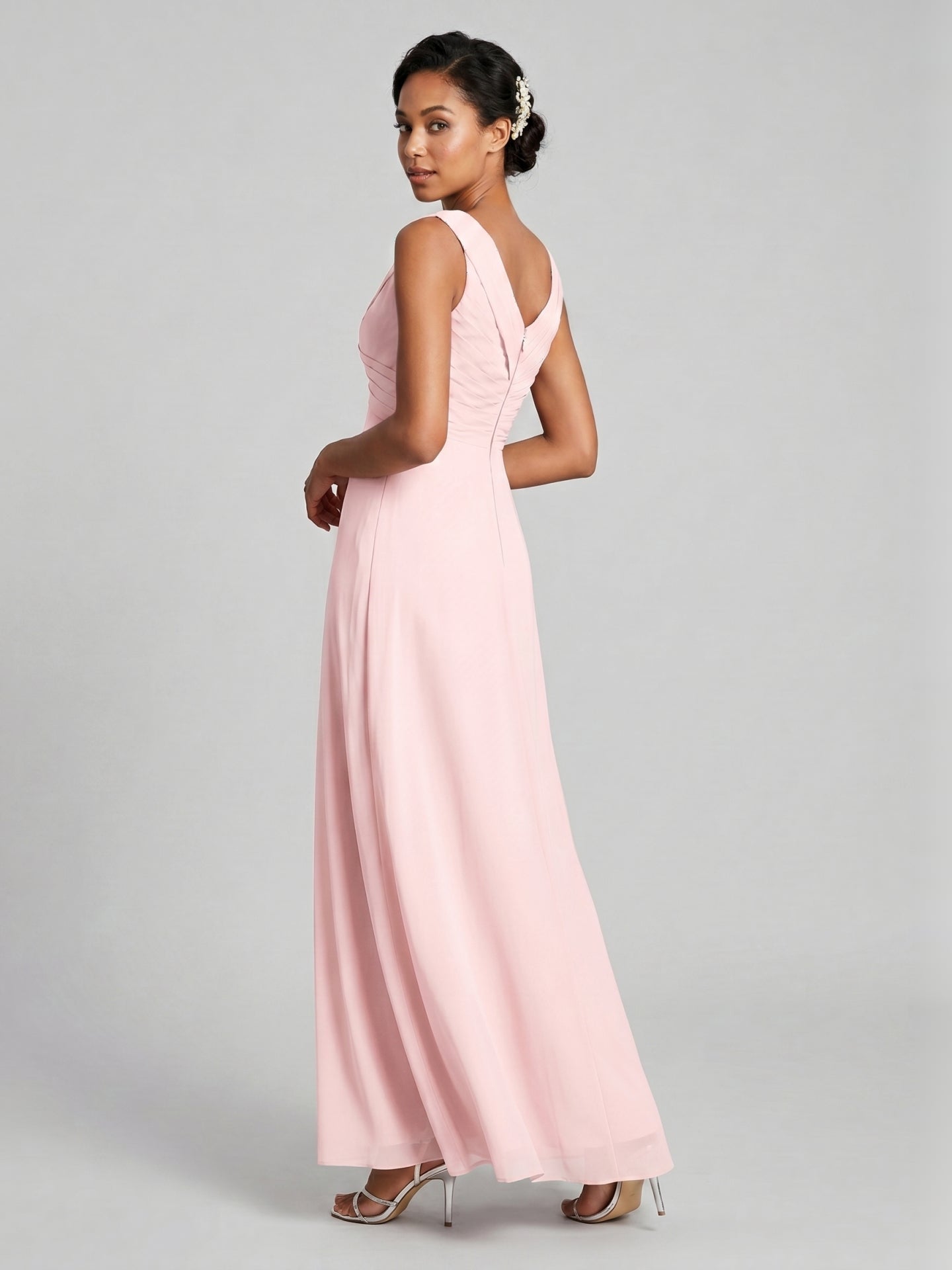 Simple Blushing Pink Chiffon A-Line V-Neck V-Back Ankle-Length Bridesmaid Dress