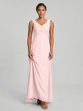Simple Blushing Pink Chiffon A-Line V-Neck V-Back Ankle-Length Bridesmaid Dress