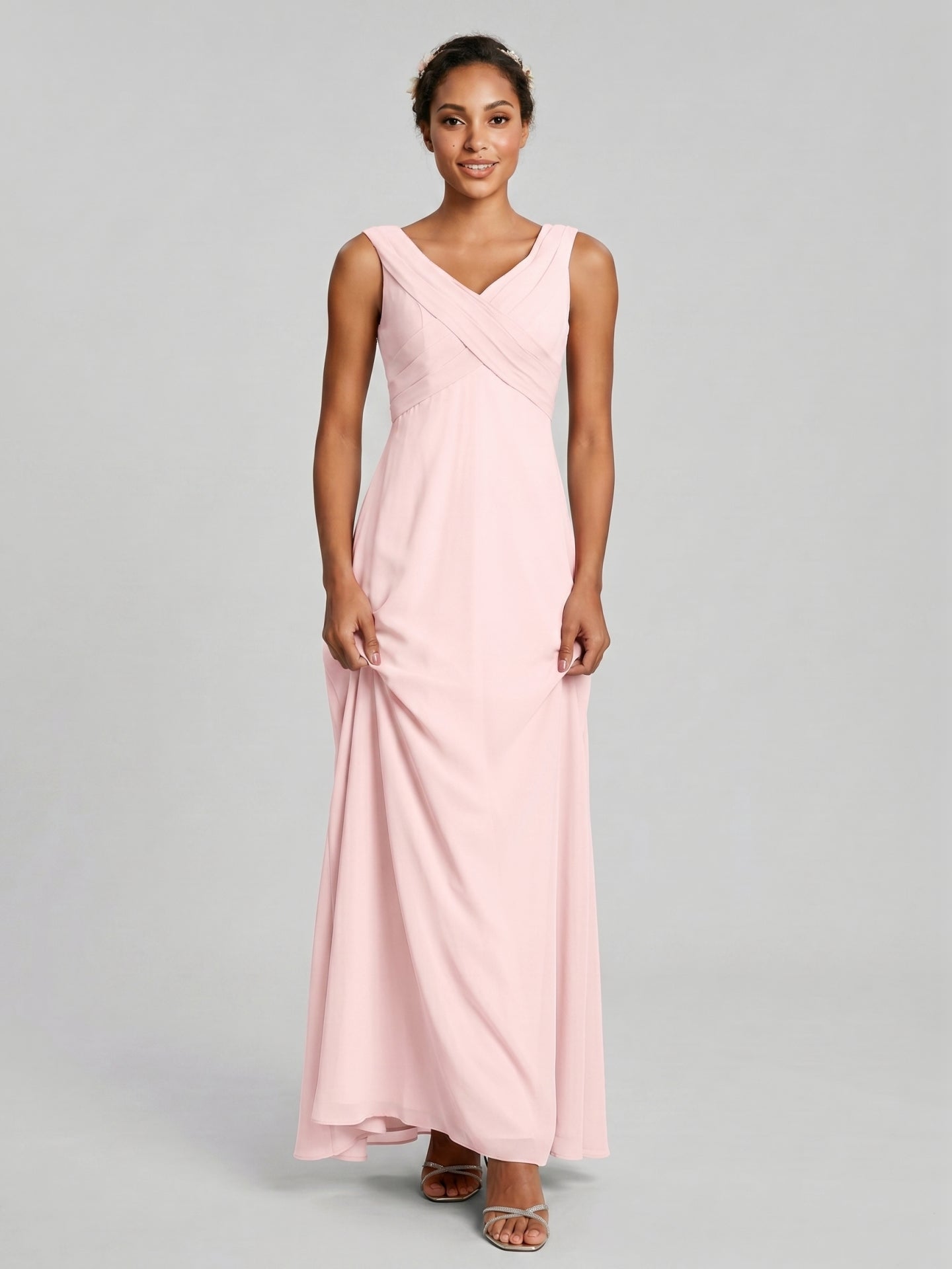 Simple Blushing Pink Chiffon A-Line V-Neck V-Back Ankle-Length Bridesmaid Dress