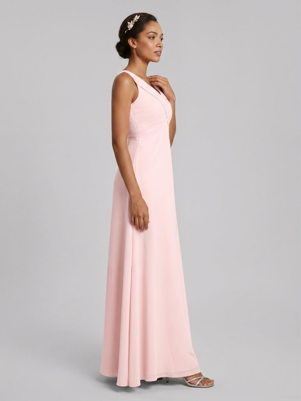 Simple Blushing Pink Chiffon A-Line V-Neck V-Back Ankle-Length Bridesmaid Dress