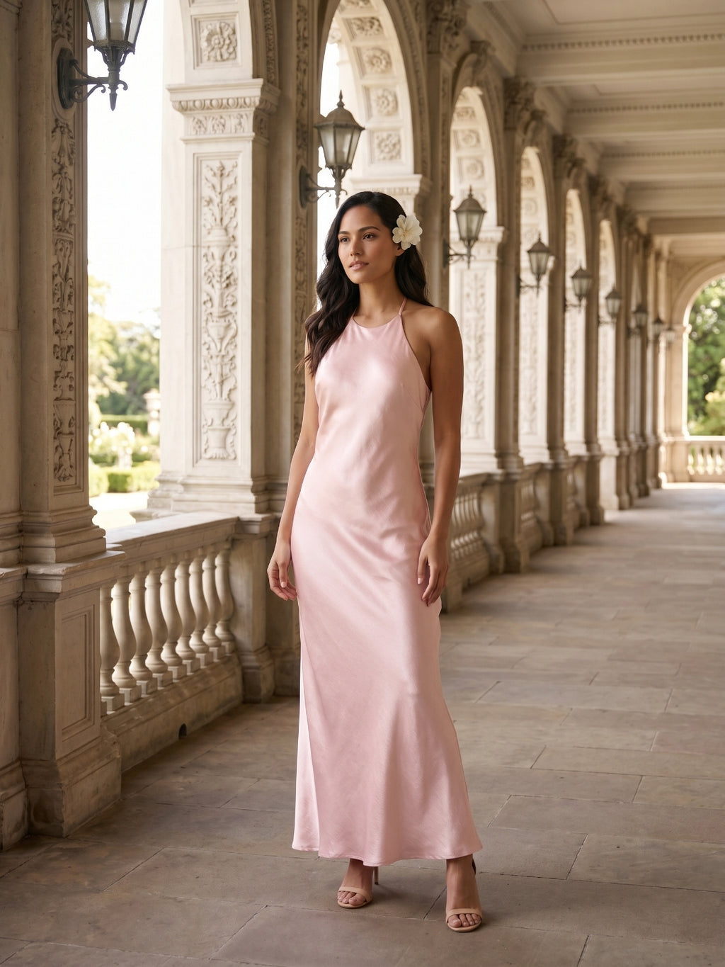 Simple Blushing Pink Satin Sheath Halter neckline Backless Ankle-Length Bridesmaid Dress