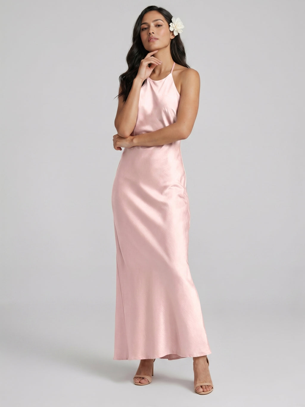 Simple Blushing Pink Satin Sheath Halter neckline Backless Ankle-Length Bridesmaid Dress