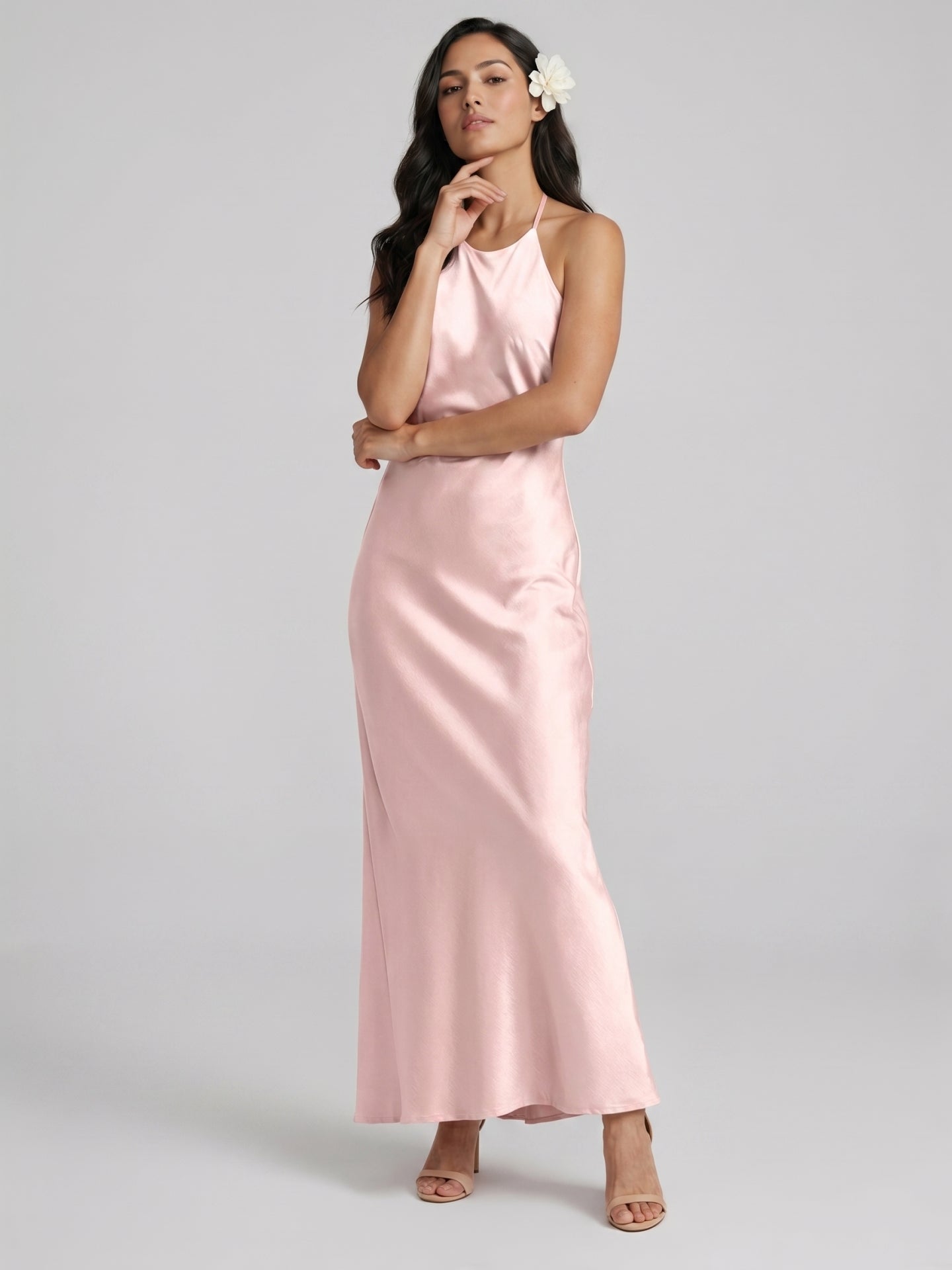 Simple Blushing Pink Satin Sheath Halter neckline Backless Ankle-Length Bridesmaid Dress