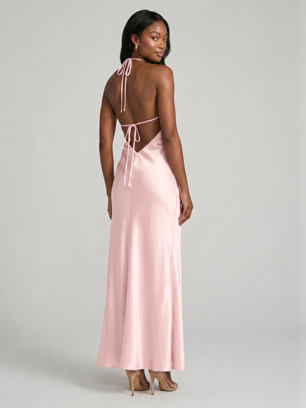 Simple Blushing Pink Satin Sheath Halter neckline Backless Ankle-Length Bridesmaid Dress