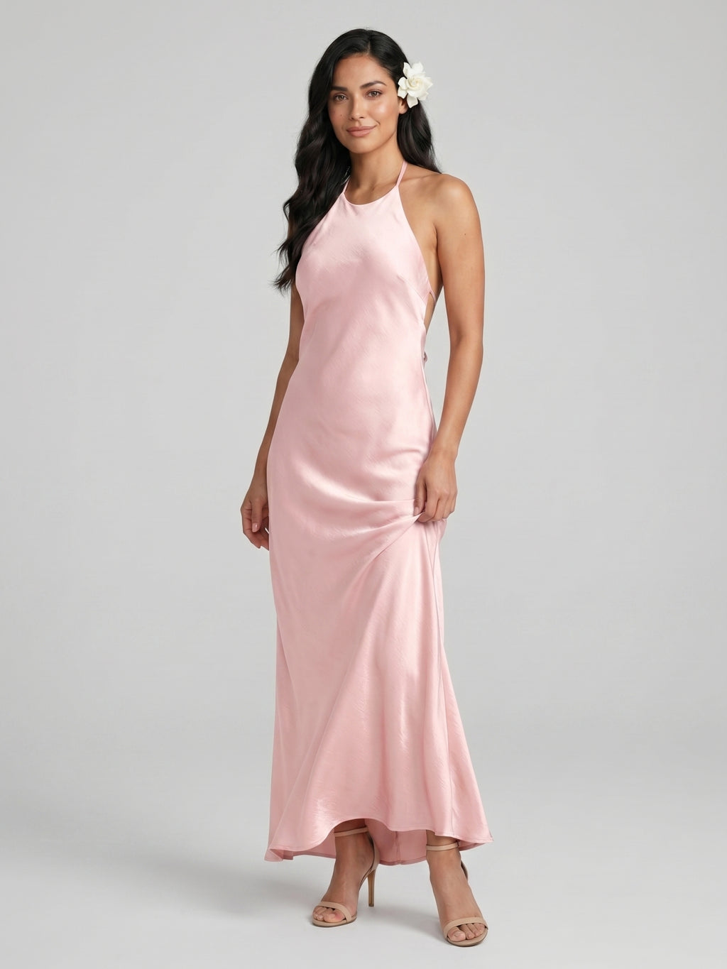 Simple Blushing Pink Satin Sheath Halter neckline Backless Ankle-Length Bridesmaid Dress