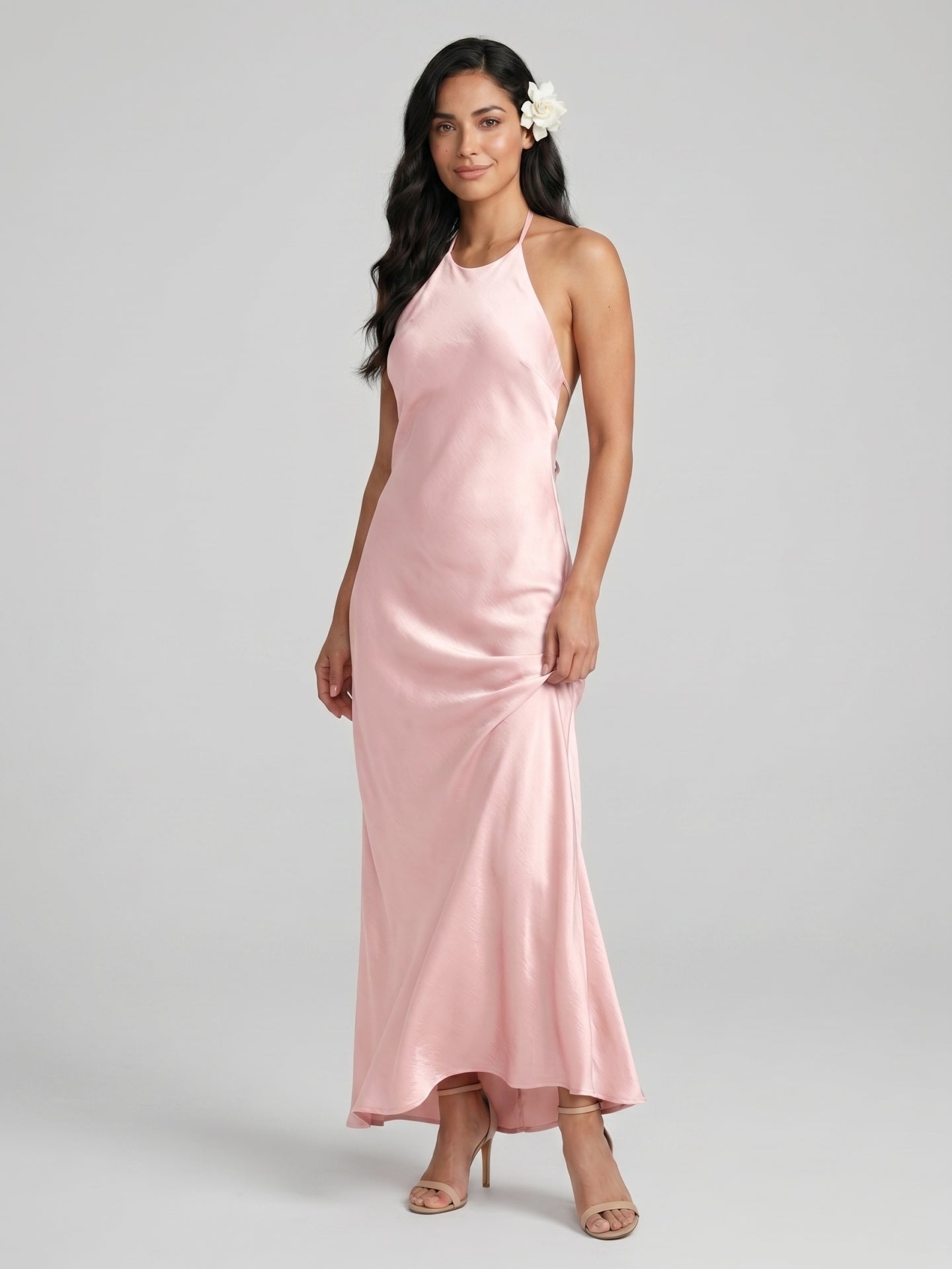 Simple Blushing Pink Satin Sheath Halter neckline Backless Ankle-Length Bridesmaid Dress