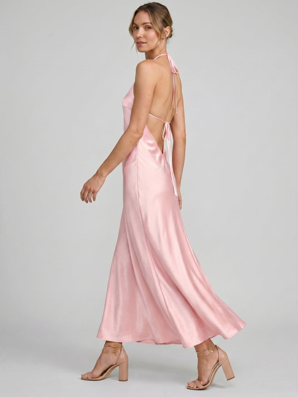 Simple Blushing Pink Satin Sheath Halter neckline Backless Ankle-Length Bridesmaid Dress