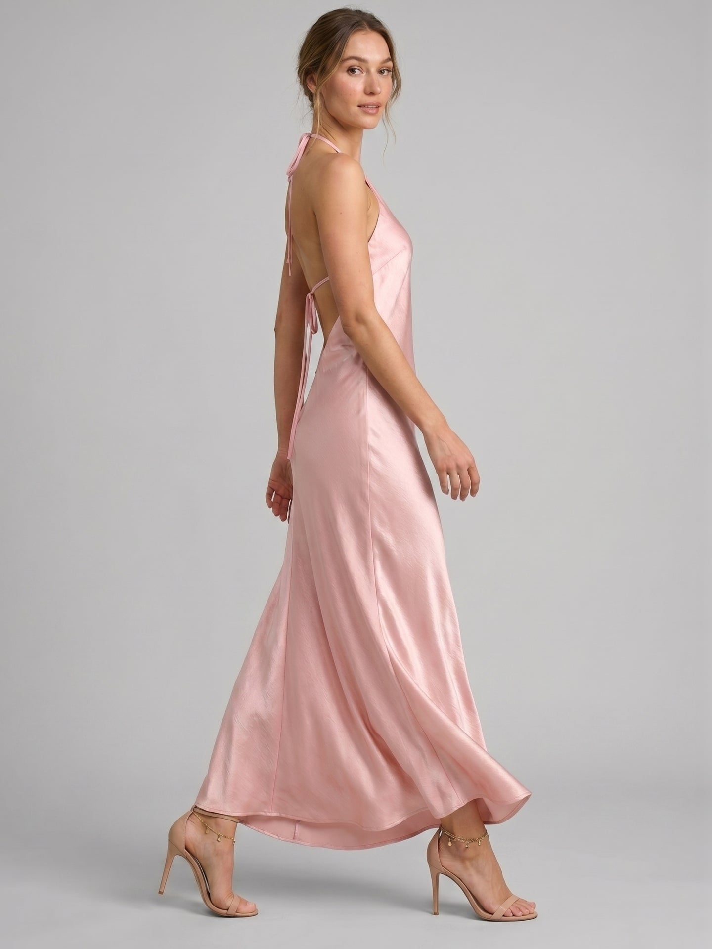 Simple Blushing Pink Satin Sheath Halter neckline Backless Ankle-Length Bridesmaid Dress