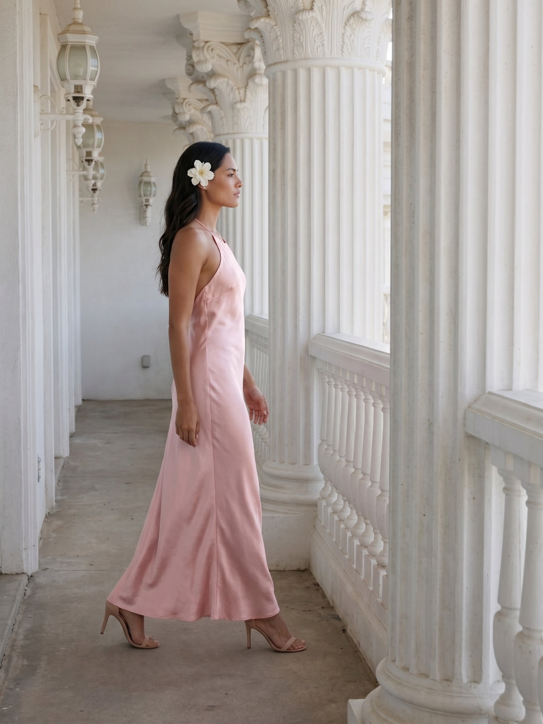 Simple Blushing Pink Satin Sheath Halter neckline Backless Ankle-Length Bridesmaid Dress