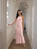 Simple Blushing Pink Satin Sheath Halter neckline Backless Ankle-Length Bridesmaid Dress