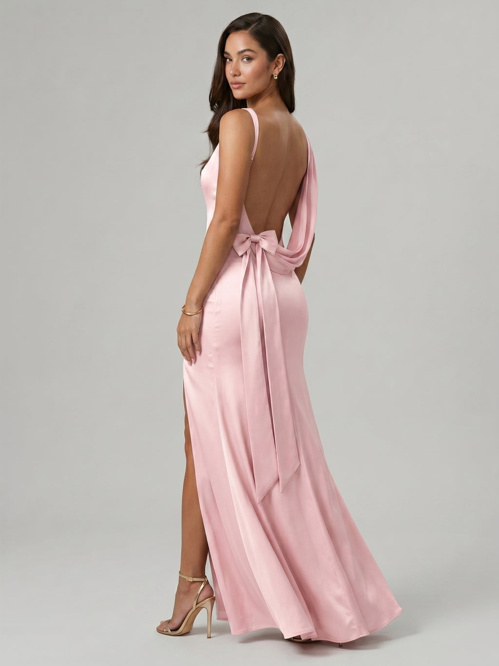 Simple Blushing Pink Satin Sheath V-Neck Ankle-Length Bridesmaid Dress