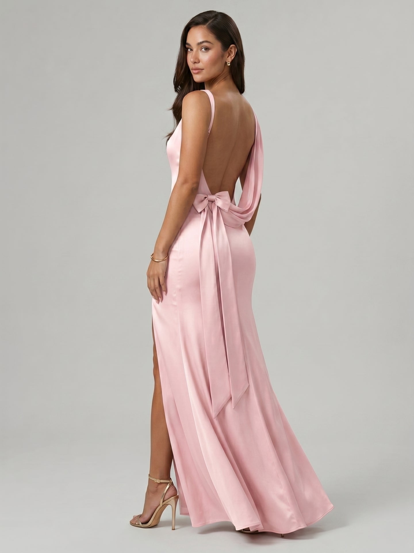Simple Blushing Pink Satin Sheath V-Neck Ankle-Length Bridesmaid Dress