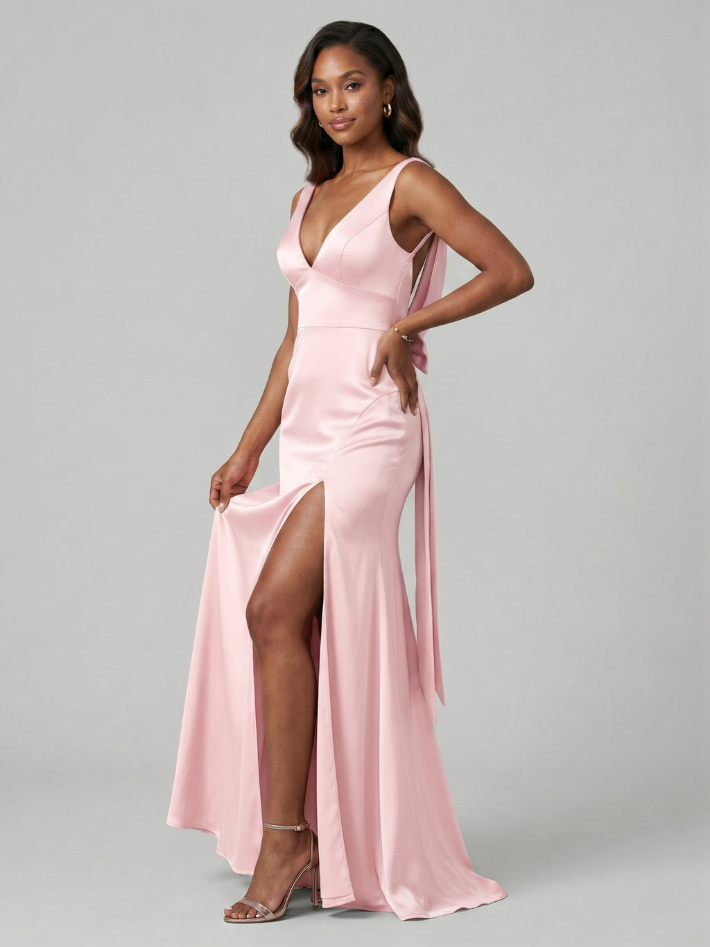 Simple Blushing Pink Satin Sheath V-Neck Ankle-Length Bridesmaid Dress