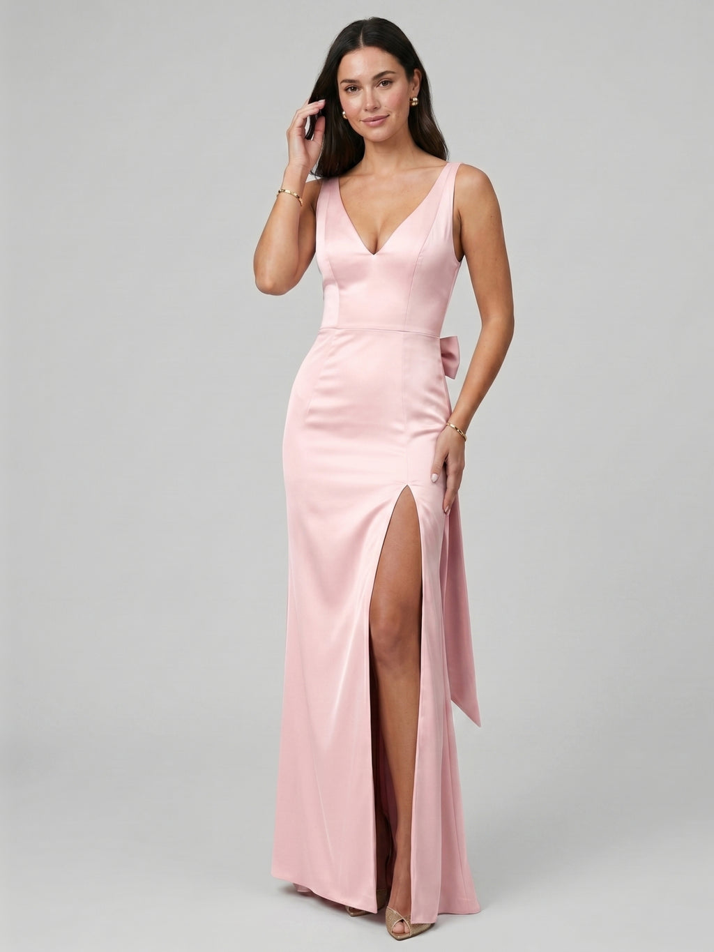 Simple Blushing Pink Satin Sheath V-Neck Ankle-Length Bridesmaid Dress