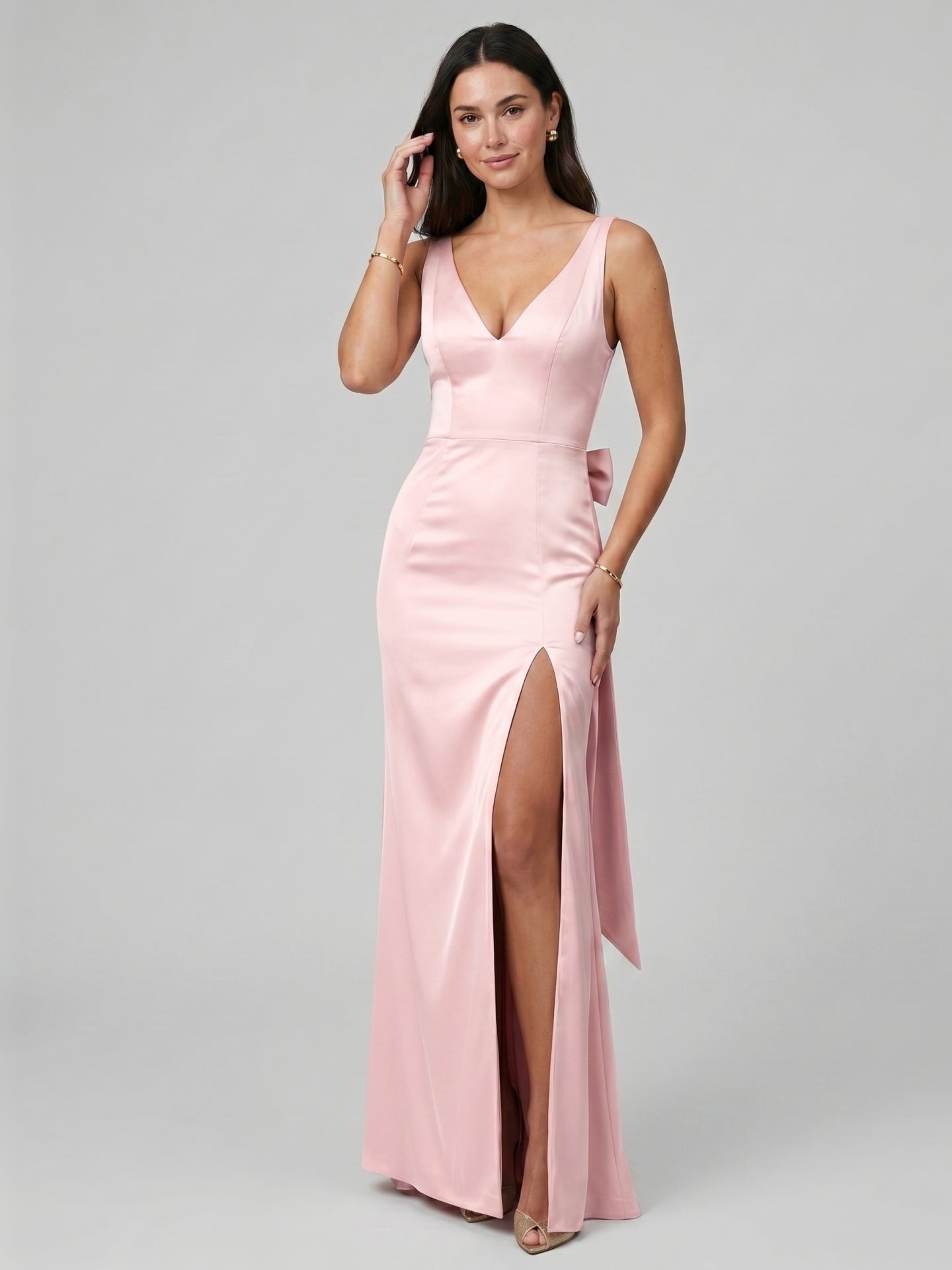 Simple Blushing Pink Satin Sheath V-Neck Ankle-Length Bridesmaid Dress