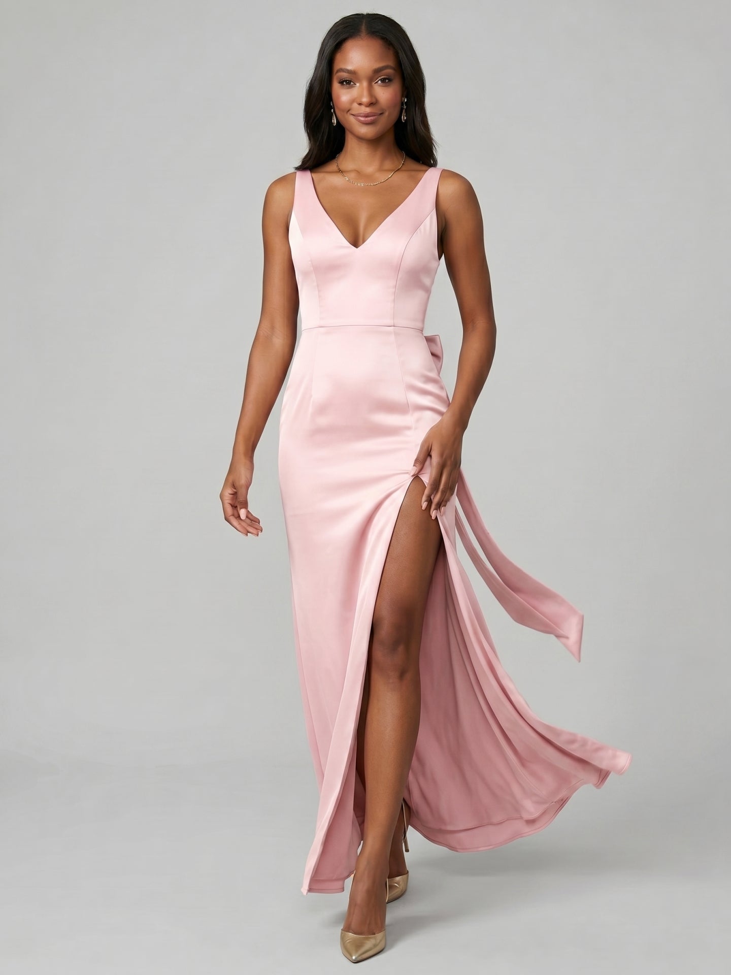 Simple Blushing Pink Satin Sheath V-Neck Ankle-Length Bridesmaid Dress