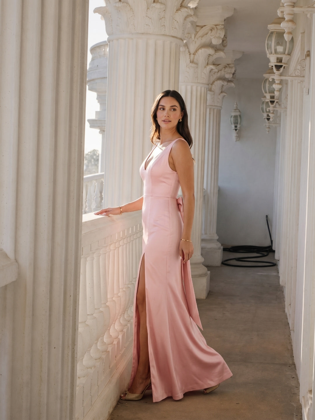 Simple Blushing Pink Satin Sheath V-Neck Ankle-Length Bridesmaid Dress
